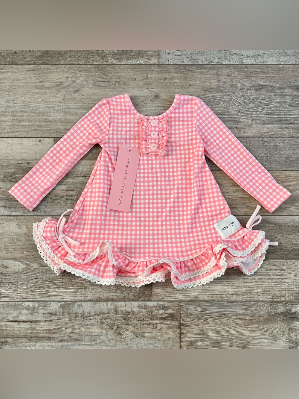 NWT Jane + Jo Girls Long Sleeve Nightgown in Rosy Cheeks Check Size 18 Months